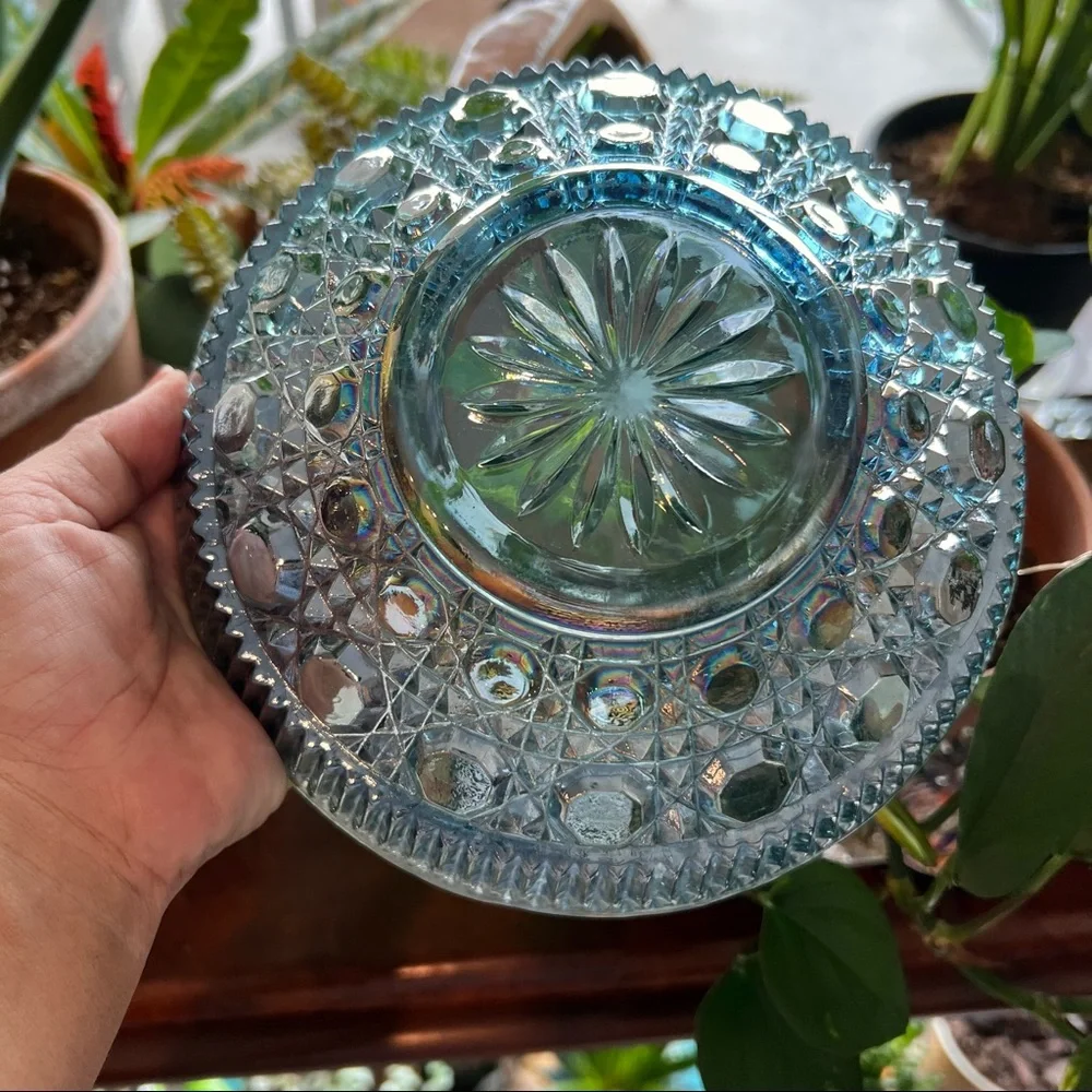 Iridescent/Blue Carnival Glass Bowl/Lid